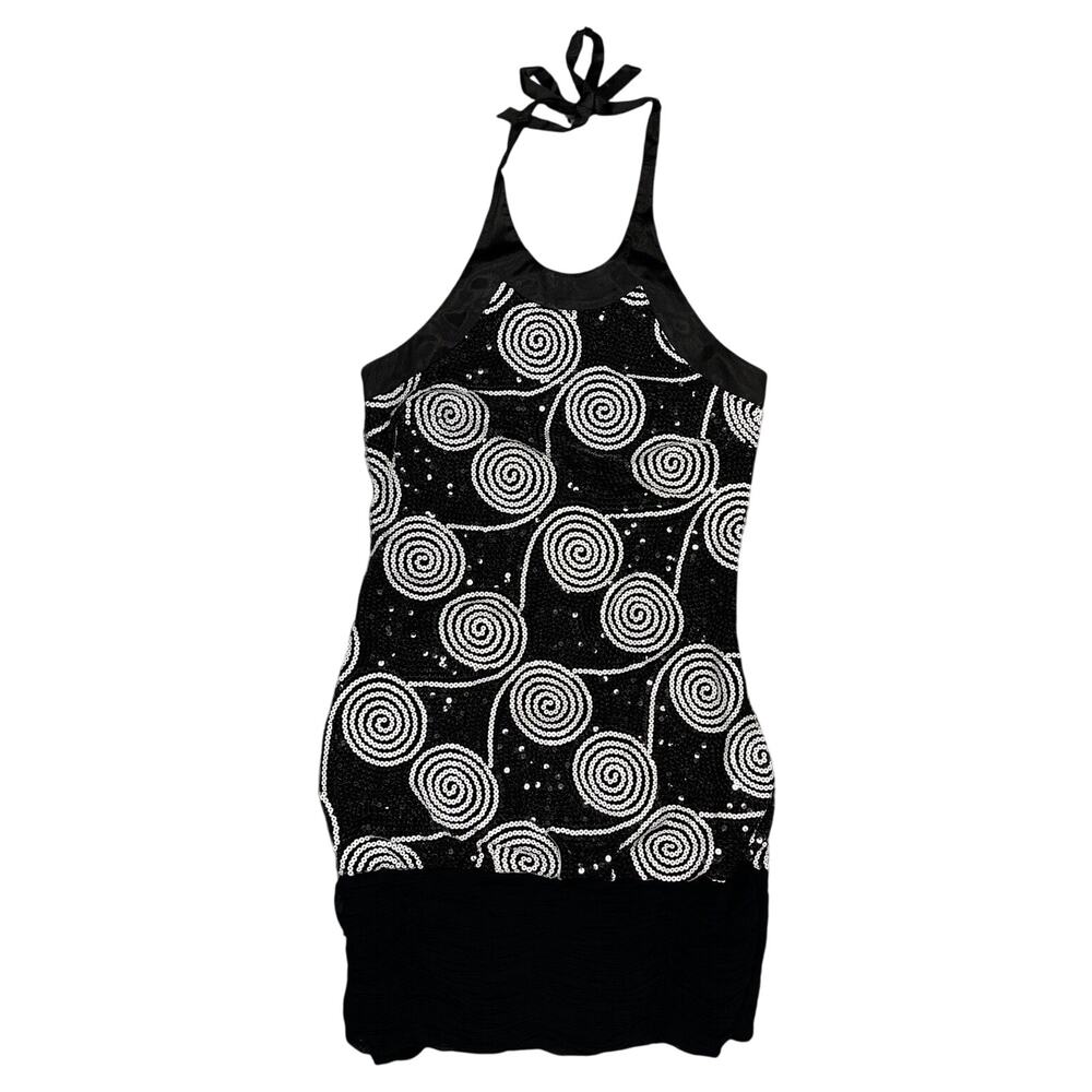 La Femme Paris Mini Dress Halter Top Sequin Black White Vintage